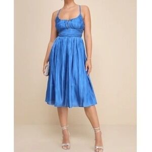 Lulus Cobalt Blue Fit & Flare Satin Pleated Lace-Up Midi Dress Sundress - Small